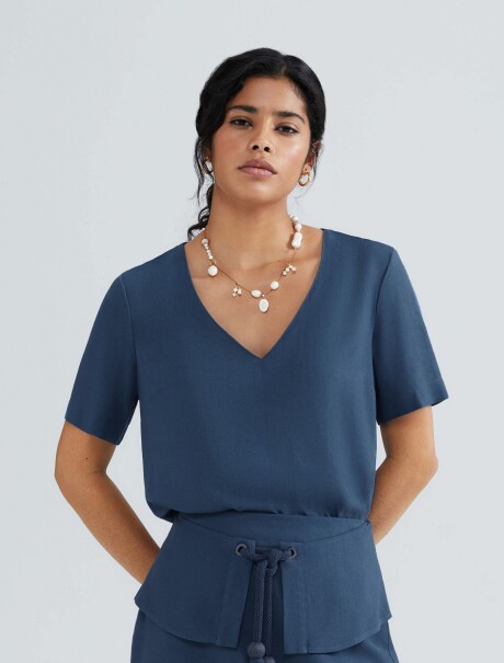 BLUSA MANGA CORTA DE LINO AZUL