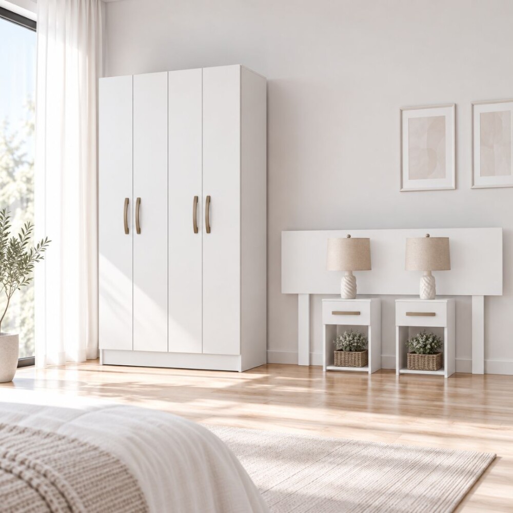 COMBO DORMITORIO – ROPERO 4 PUERTAS + RESPALDO + 2 MESAS DE LUZ BLANCO