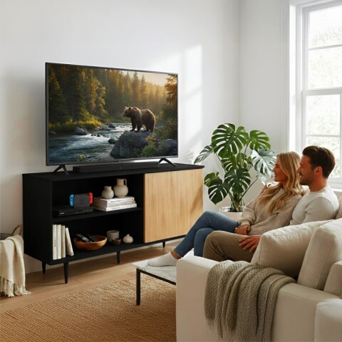 Mueble Rack de Tv PADUA de Piso con Puerta y Estantes 136 cm de Ancho - Negro / Freijo Mueble Rack de Tv PADUA de Piso con Puerta y Estantes 136 cm de Ancho - Negro / Freijo