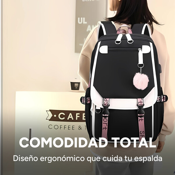 Pack x3 Mochila Kawaii Impermeable Usb Multuso Resistente Variante Color Negro