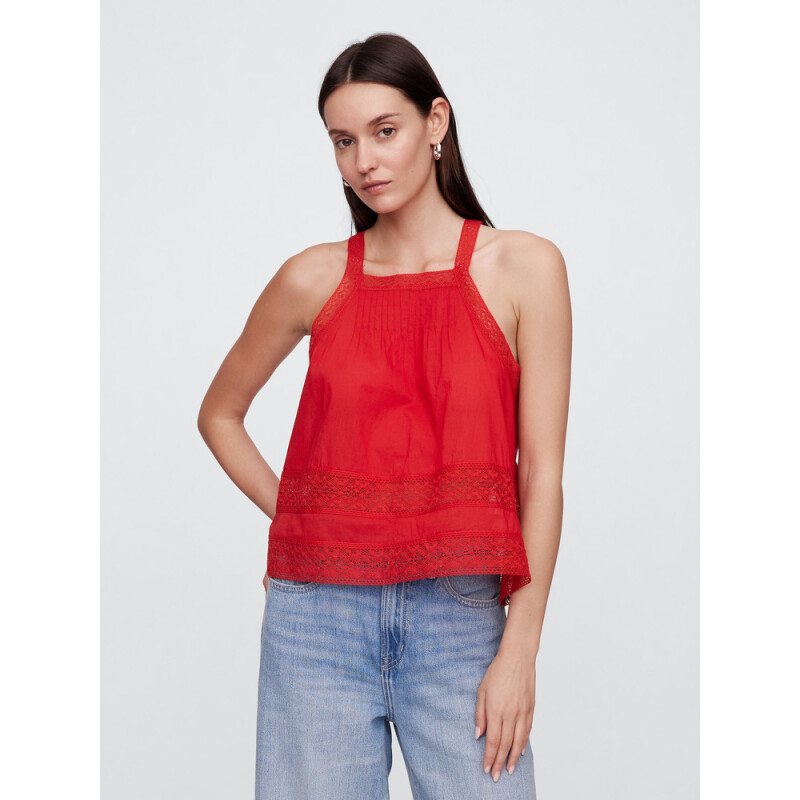 V-LACE TRIM HALTER TOP TOMATO SAUCE