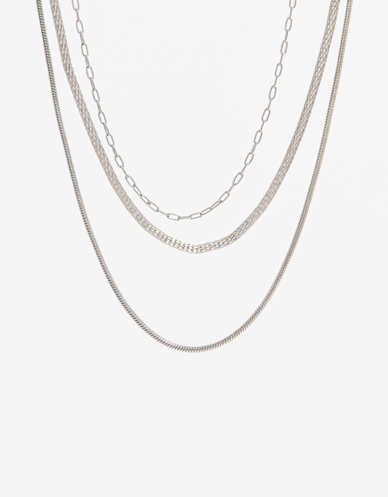 Collares Cortos Metal Collar Multicadenas - Plateado Rodio