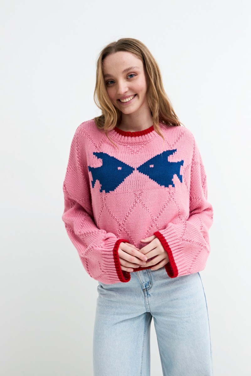 Sweater tejido jacquard peces - Rosado 