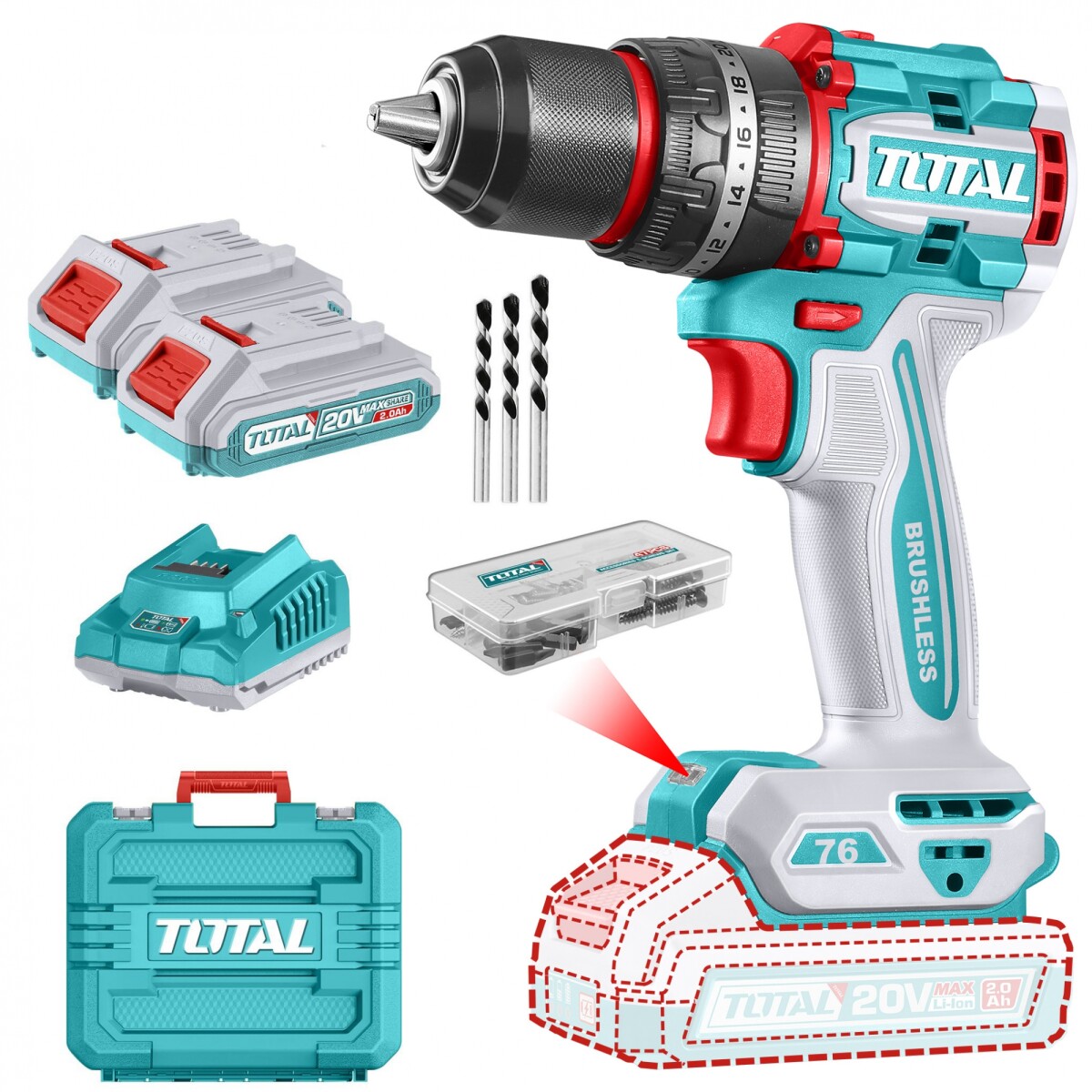 Taladro Percutor Y Atornillador Inalámbrico 20v 76Nm - Doble Batería, Cargador Y Maletín - Sin Carbones 