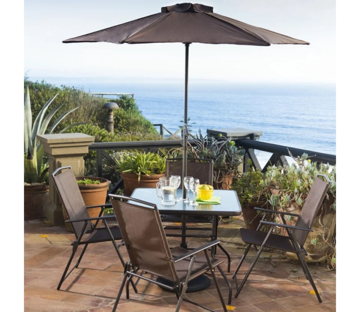 Juego De Jardin Menorca Chocolate Mesa +4 Sillas +sombrilla 