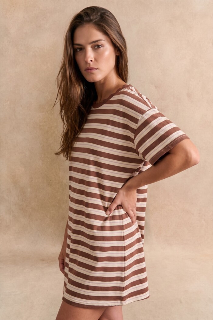 Vestido Manga Corta Rayado Chocolate