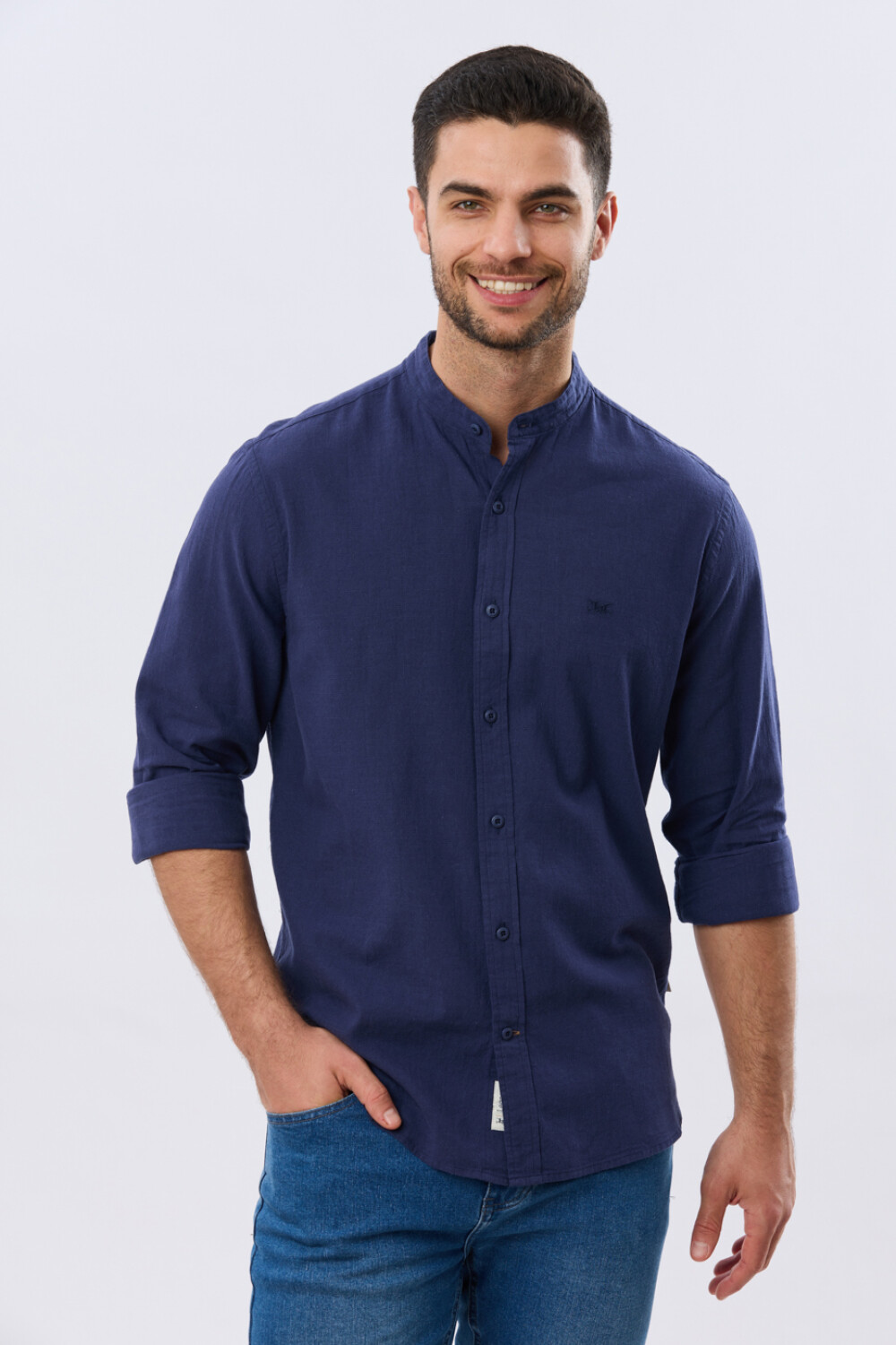 CAMISA LISA DE LINO CUELLO MAO Azul