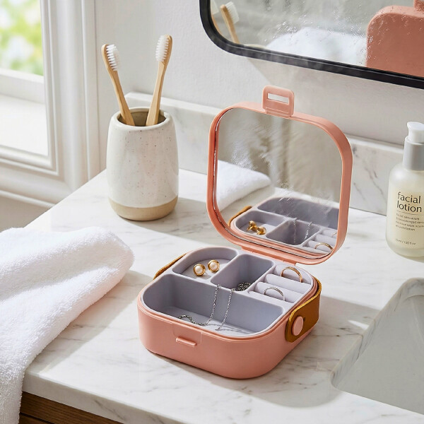 Mini Joyero Organizador Alhajero 9 X 9cm C/ Espejo Asa Rosa