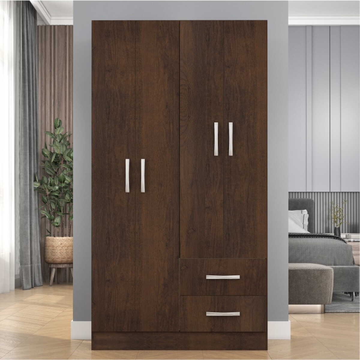 Ropero Armario 4 puertas 2 cajones con estantes y perchero 170 x 90 x 36 cm - Marrón 