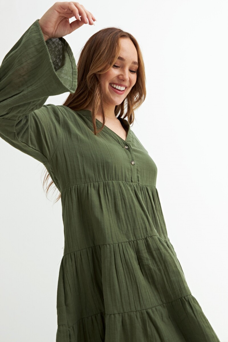 Vestido con volados manga 3/4 VERDE OLIVA