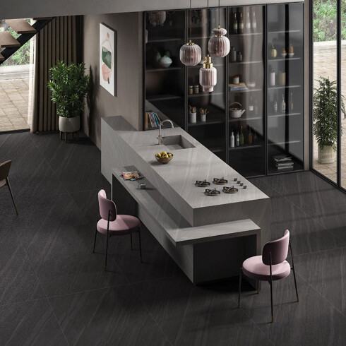 Porcelanato Rustico 80X2.40X1.5 Color Negro Con Vetas Tenues Grises GAMAS DE NEGRO