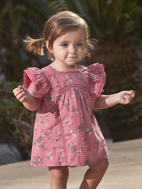 Vestido Estampado De Flores Con Volantes Rosa