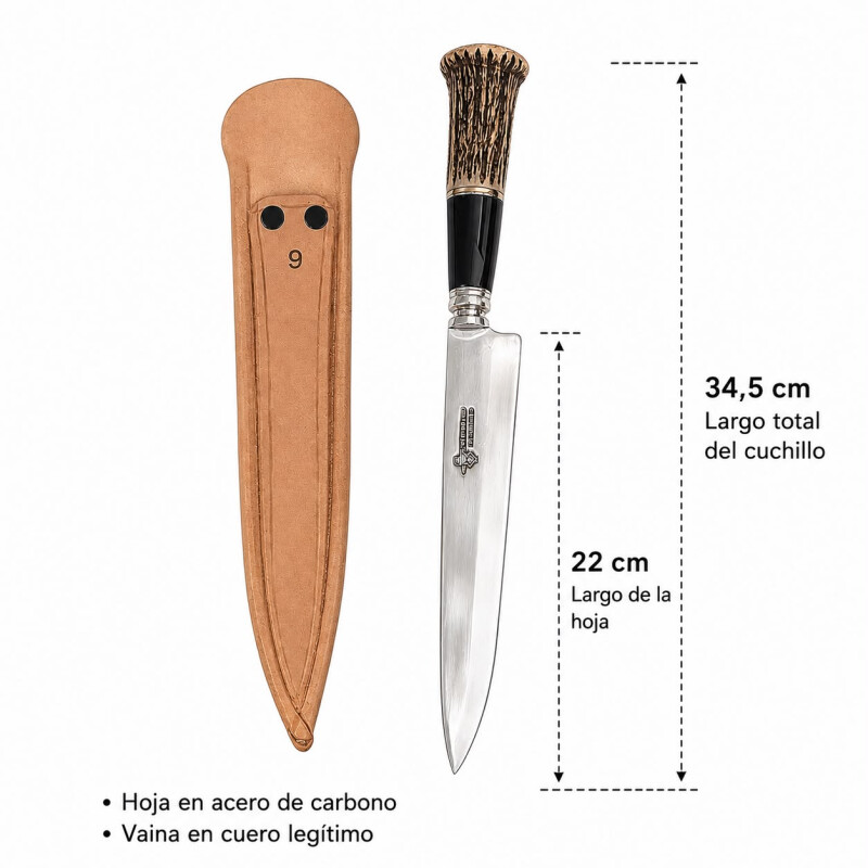 Cuchillo Artesanal Acero de Carbono Mango Simil Ciervo y Guampa o Hueso y Vaina de Cuero N°9 Cuchillo Artesanal Acero de Carbono Mango Simil Ciervo y Guampa o Hueso y Vaina de Cuero N°9