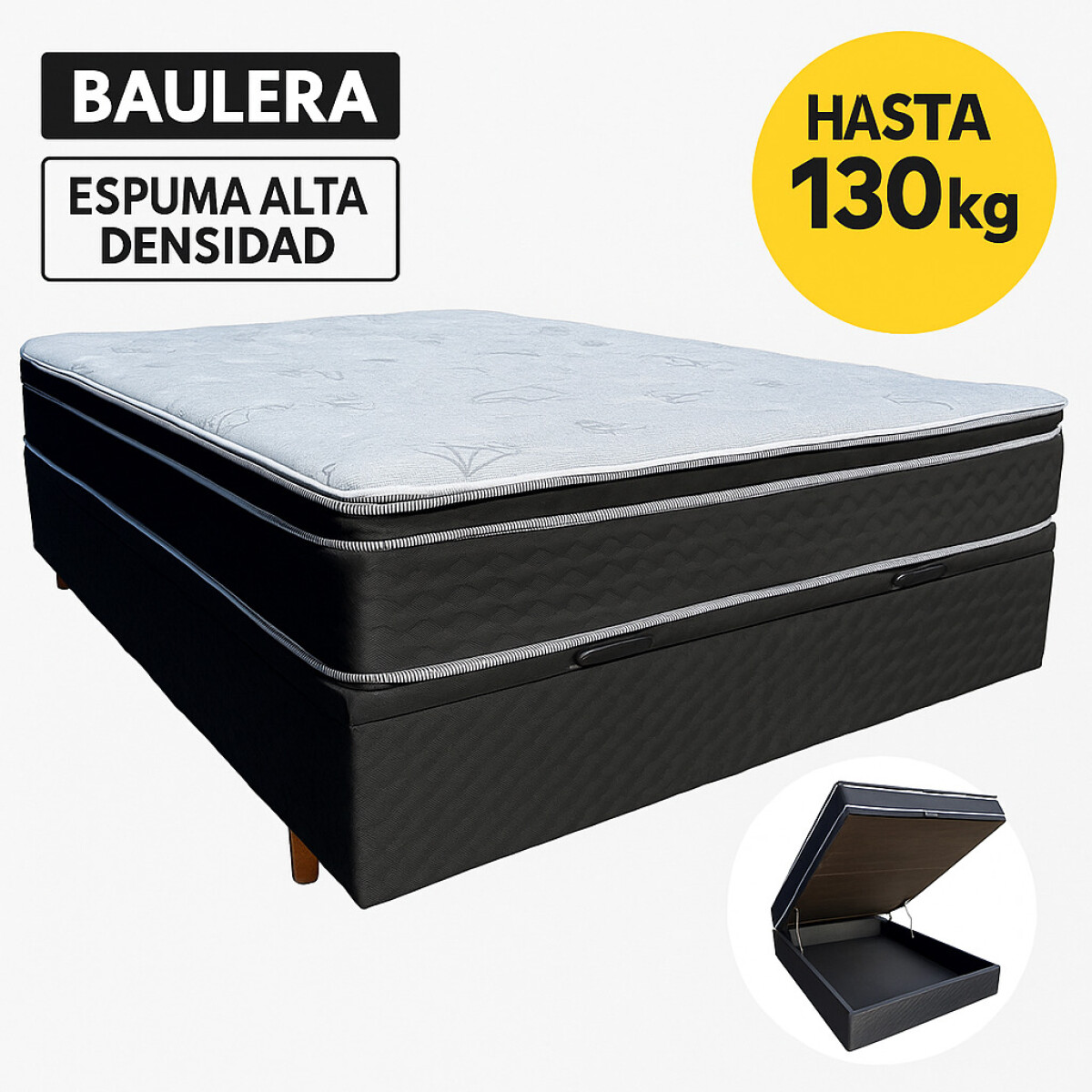 DOS PLAZAS + BAULERA - Conjunto De Sommier Morpehus Colchón Atenas EPS Espuma Alta Densidad 65 con Pillow Hasta 130k 138x188x58 