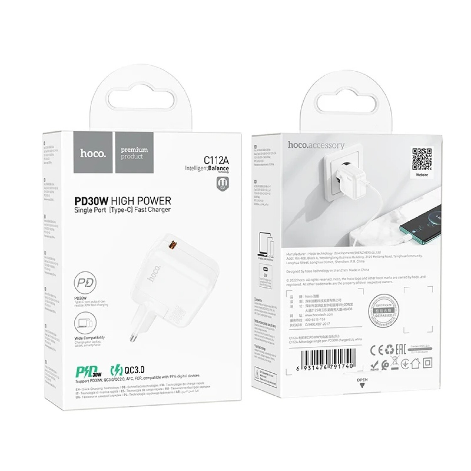 Cargador Pared Dual PD USB-C 30W Quick Charger 3.0 Blanco