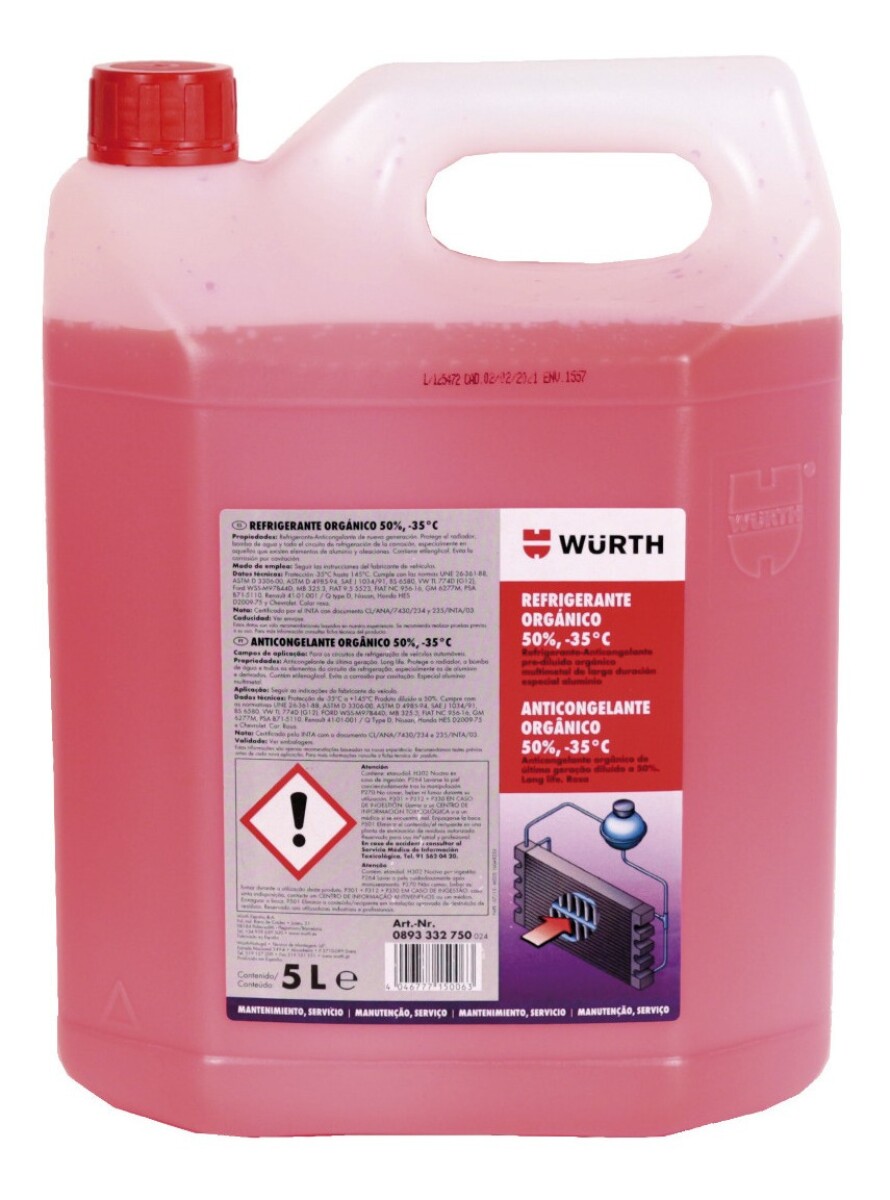 LIQUIDO REFRIGERANTE ANTICONGELANTE ORGANICO AL 50% WURTH 5L 