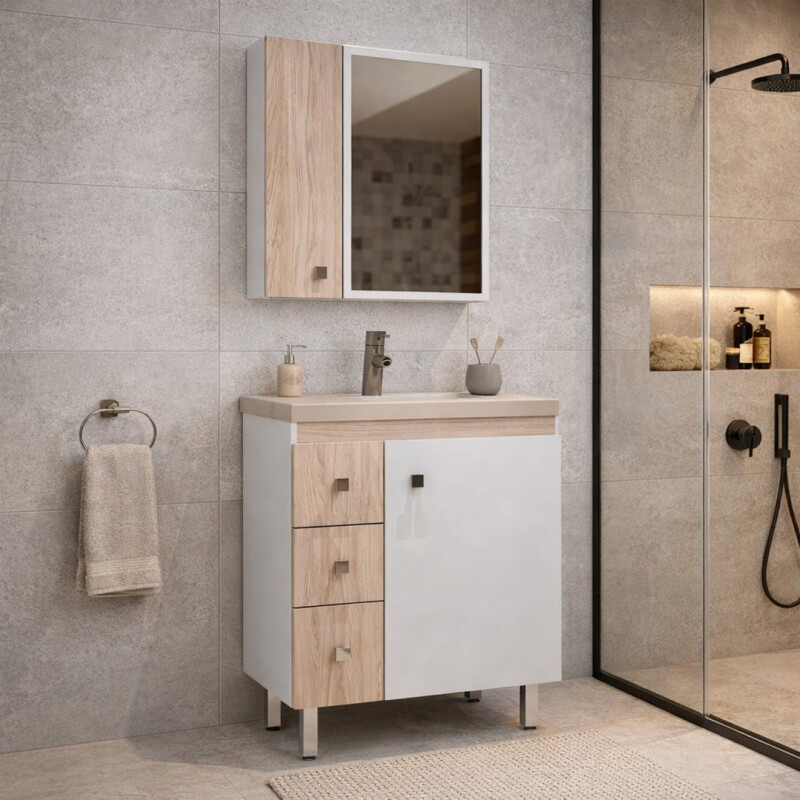 Mueble De Baño Con Bacha Y Espejo Blanco/ Rústico Mueble De Baño Con Bacha Y Espejo Blanco/ Rústico