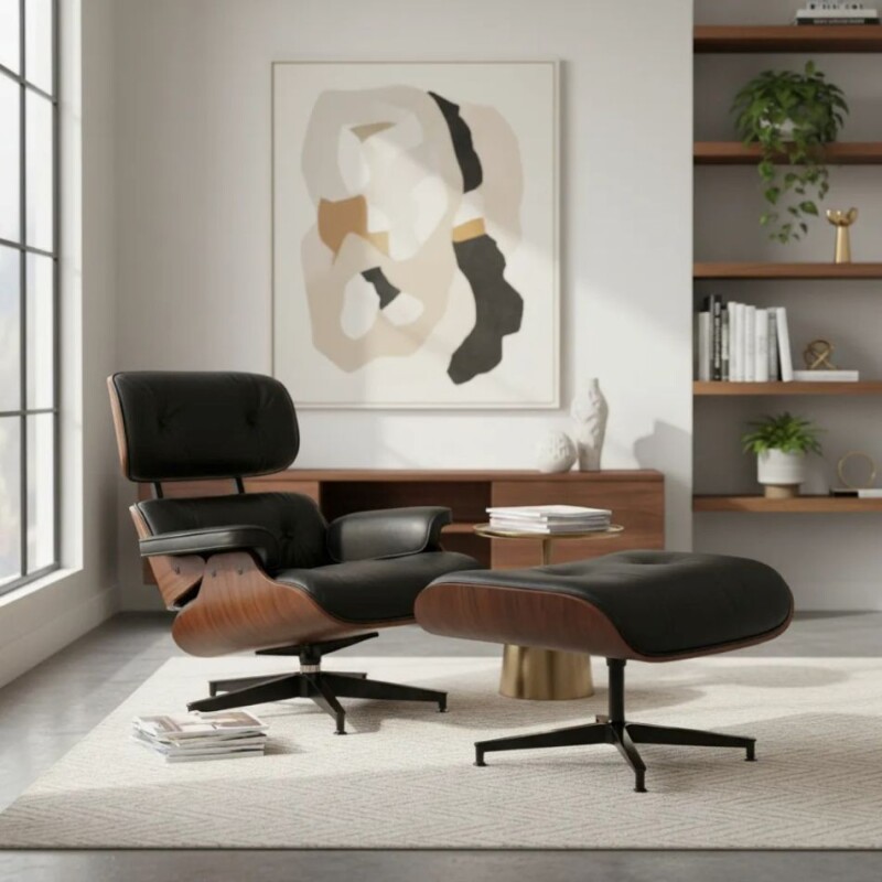 POLTRONA CHARLES EAMES CON APOYA PIE - TAPIZADA EN CUERO NEGRO POLTRONA CHARLES EAMES CON APOYA PIE - TAPIZADA EN CUERO NEGRO