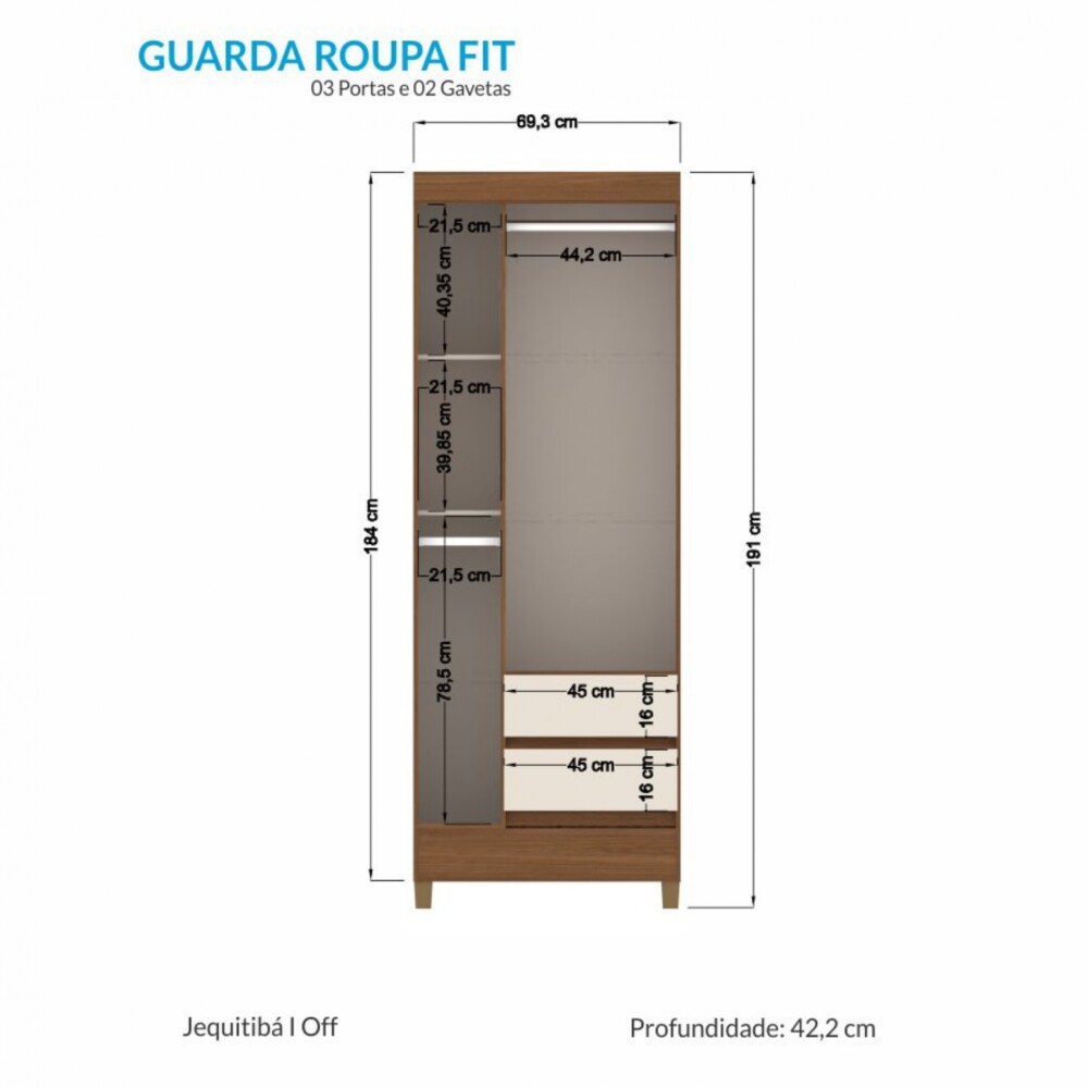 Ropero 3 puertas 2 cajones - Fit Marron