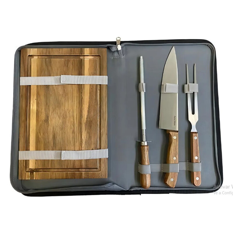 Set para Asado 4 Piezas con Estuche Gris Cuchillo Tenedor y Afilador Set para Asado 4 Piezas con Estuche Gris Cuchillo Tenedor y Afilador