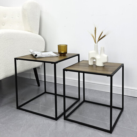 Set x2 Mesas Auxiliares Madera Metal Estilo Industrial Marrón Oscuro