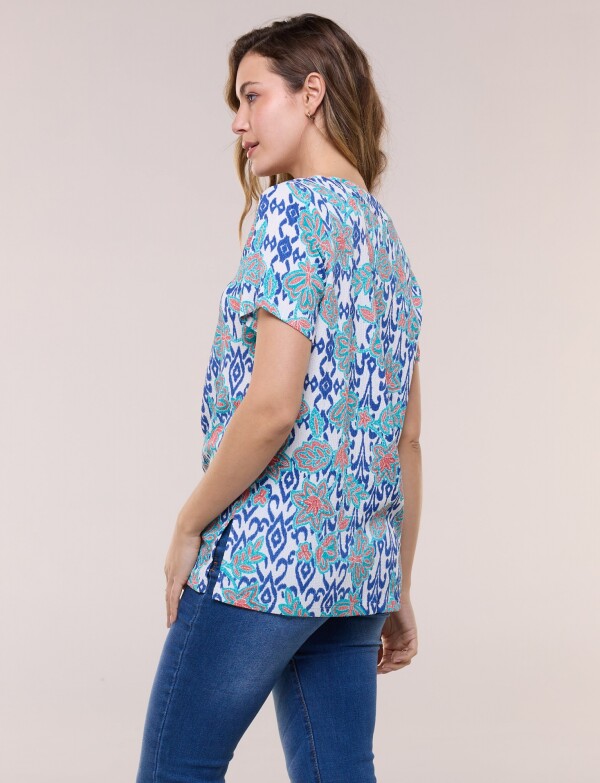 Blusa Con Escote Túnica Bordado MULTI/AZUL