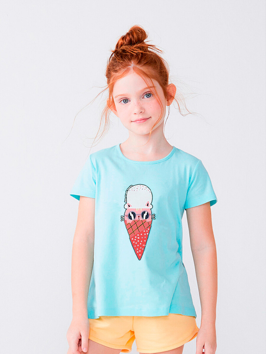 CAMISETA DE NIÑA MANGA CORTA ESTAMPADA - CELESTE 