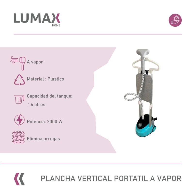 Plancha Vertical a Vapor Lumax Portátil 1,6L Verde Negro