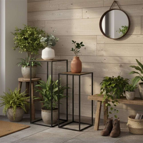 Set 2 Mesas Aux 27X27X70/23X23X60Cm Madera Y Metal