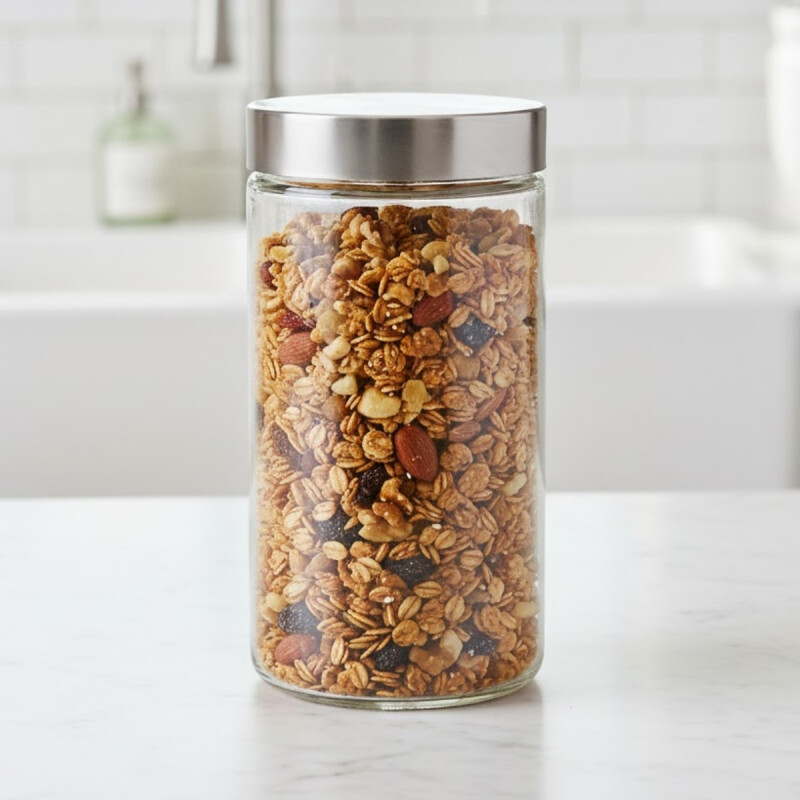 Frasco de vidrio cilíndrico con tapa 1,8 lts rosca metal PLATA