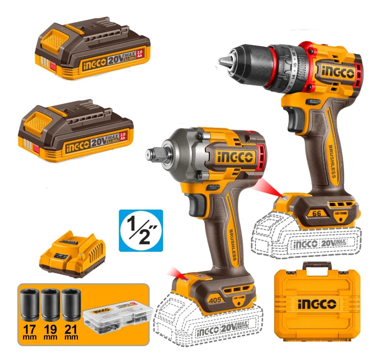 KIT COMBO A BATERIA 20V TALADRO ATORN. C/PERCUTOR 13MM 66NM + LLAVE DE IMPACTO 405NM 1/2 + 2 BAT 2.0 - N/a 