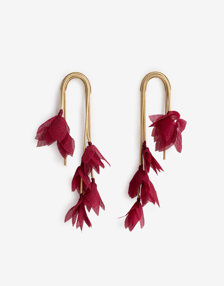 Aros Colgantes Largos Cordón Aros Colgantes Pétalos De Tela - Rojo Burdeaux