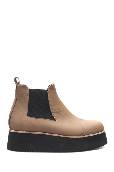 Bota Plataforma Baja doble Elástico Cuero Beige