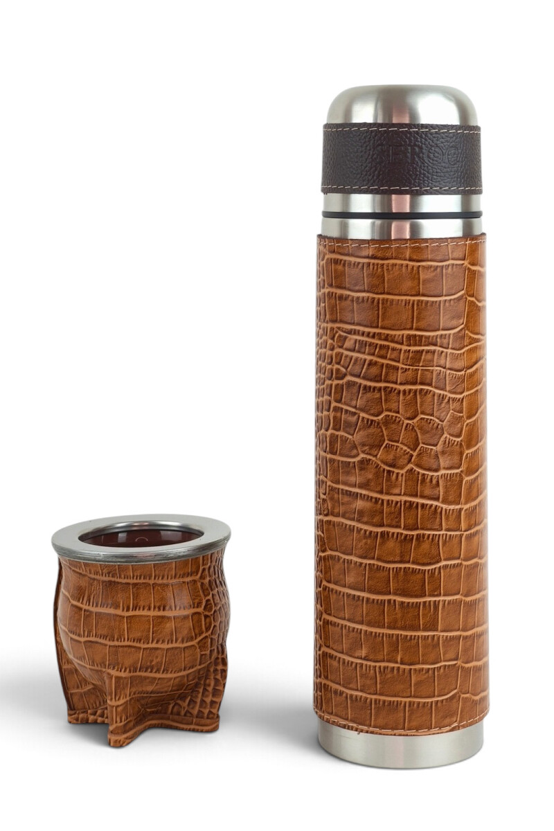 Kit termo y mate en cuero premium Marrón
