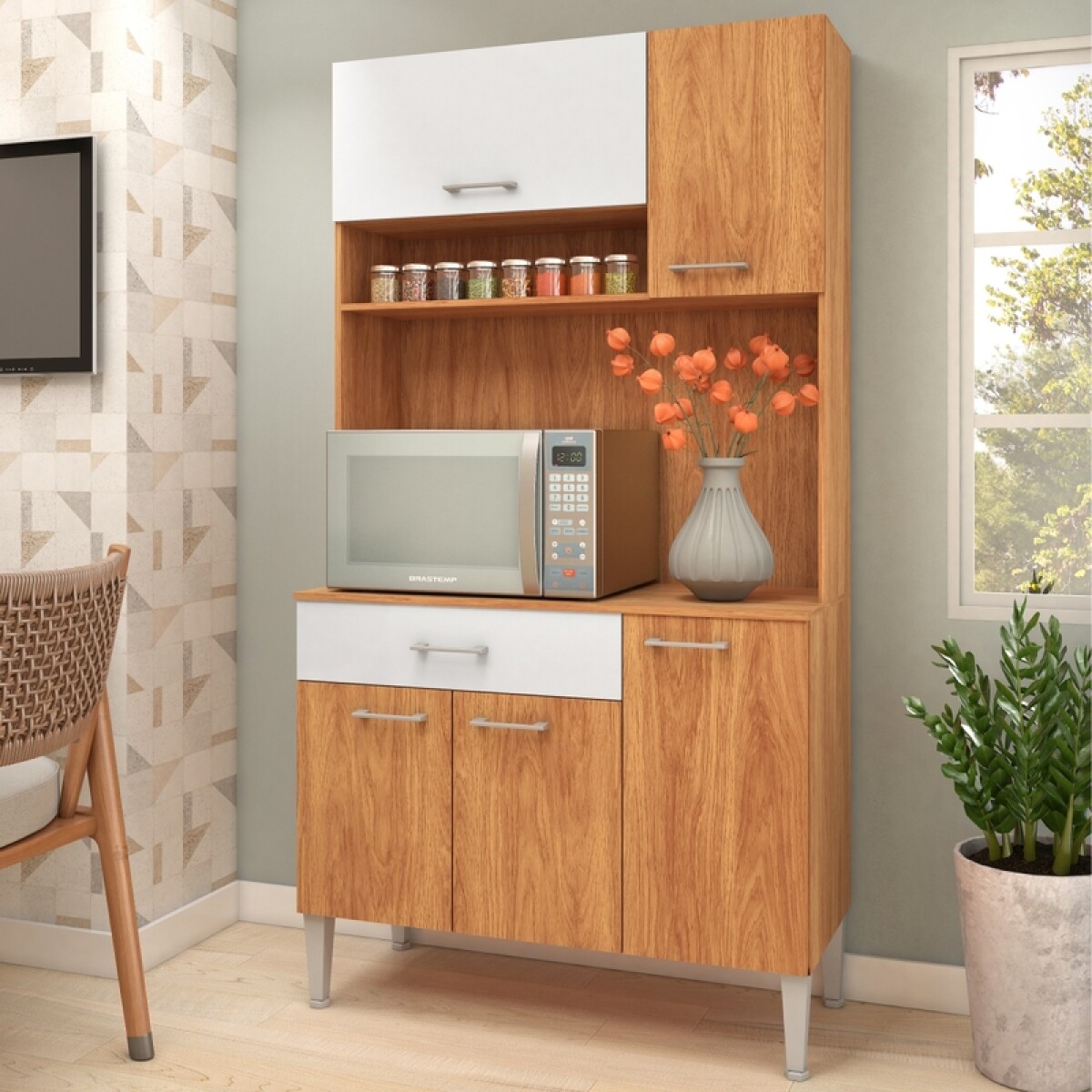 Alacena De Cocina 5 Puertas 1 Cajón Con Espacio Para Microondas Y Especiero 168x90cm 