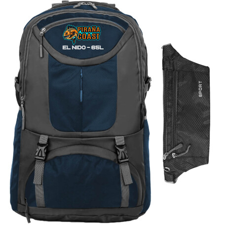 Mochila Camping El Nido 65 L + Riñonera Trekking Azul Marino