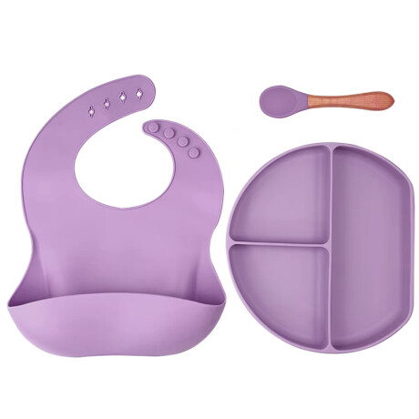 Set de Comida para Bebé con Babero Plato Cuchara en Silicona Lila