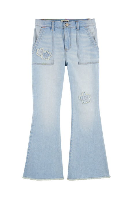 Pantalón jean acampanado, con parches florales. Talles 6-14 Sin color