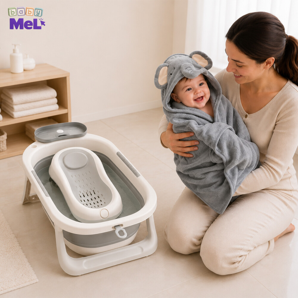 Bañito + Soporte Bañera Bebé Plegable + Toallita Gris