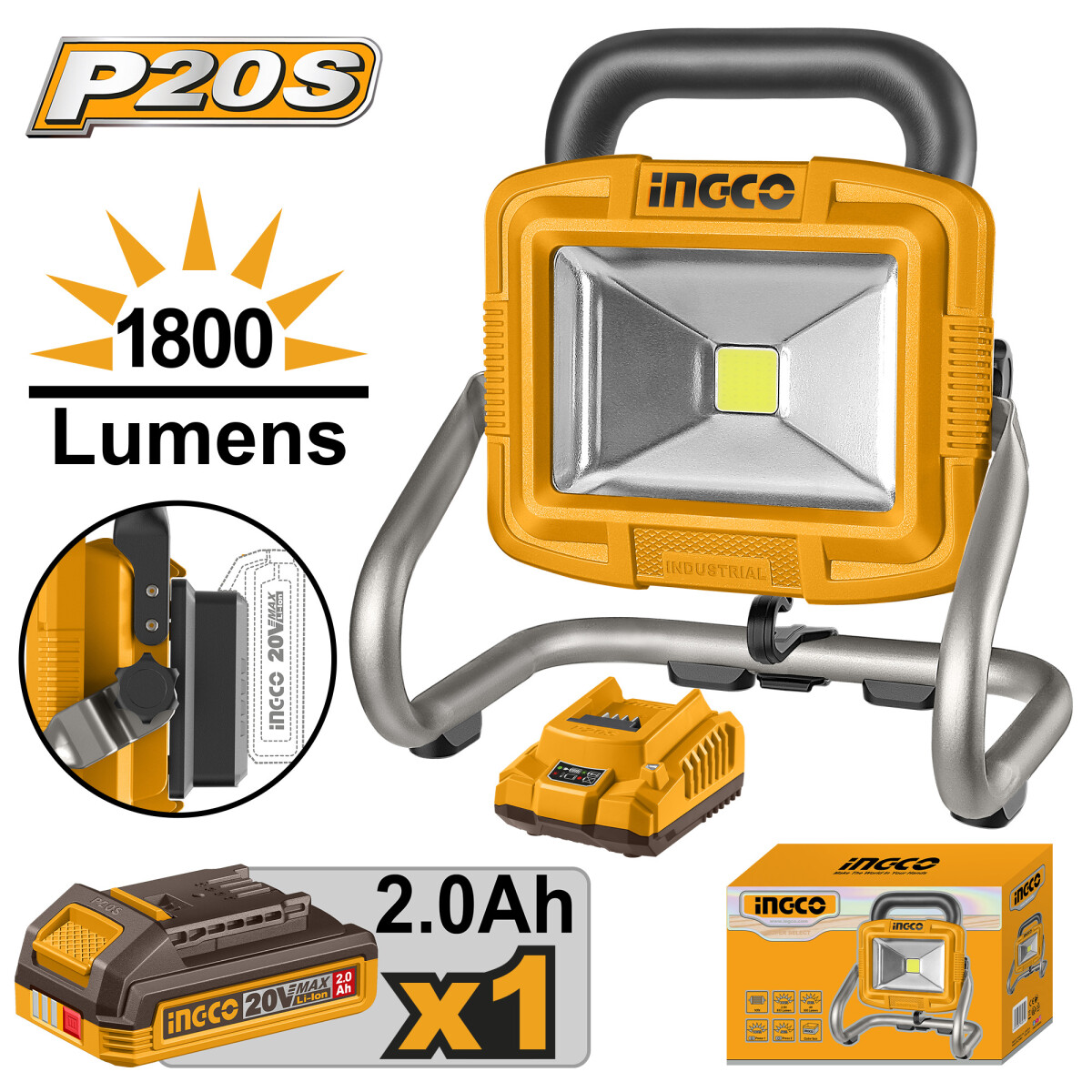 FOCO LED A BATERIA 20V P20S INGCO CON BATERIA Y CARGADOR CWLI20258 