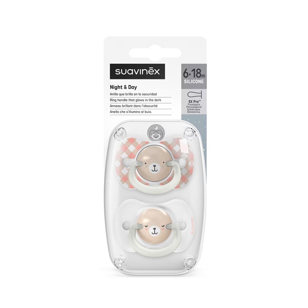 Set x2 chupete fisiologico Suavinex 6 a 18M cuadrille nocturno rosa