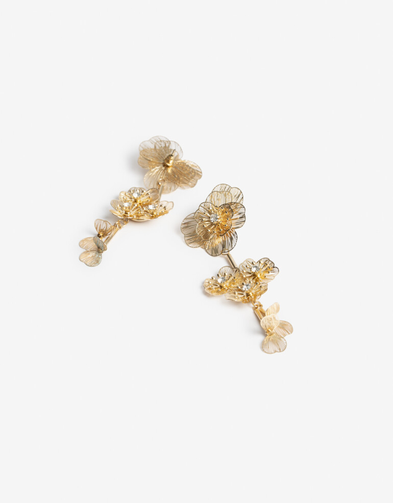 Aros Colgantes Largos Metal Aros Largos De Flores - Dorado