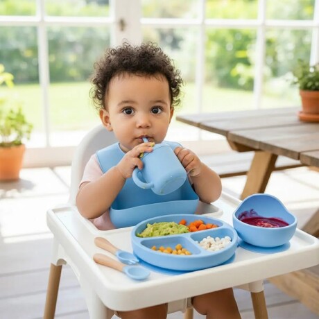 Set Alimentación Bebé en Silicona Libre Bpa 10 Piezas Celeste
