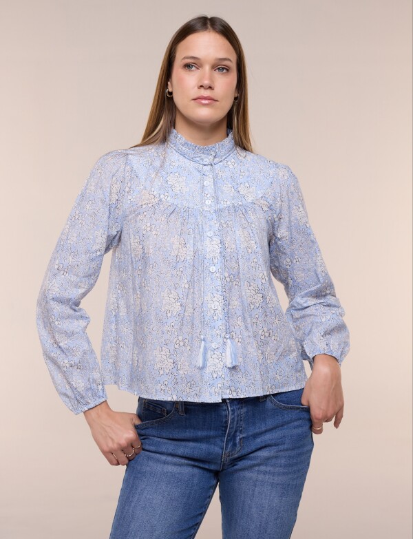 Blusa Cuello Mao Con Cordel Printed CELESTE/MULTI