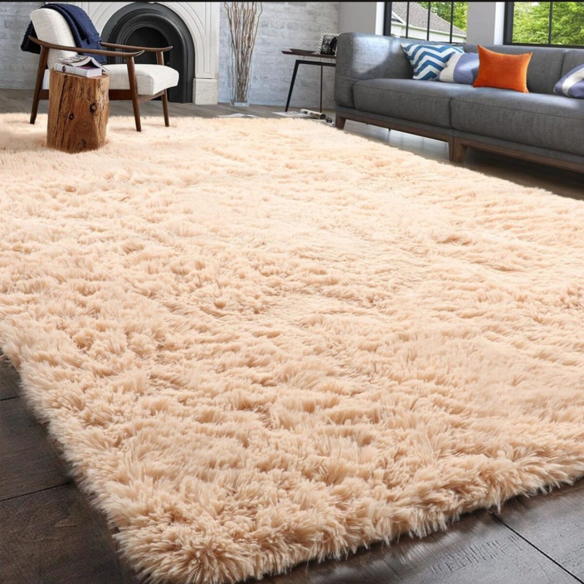 Alfombra Peluda Shaggy Pelo Alto Antideslizante Premium - Color beige claro 