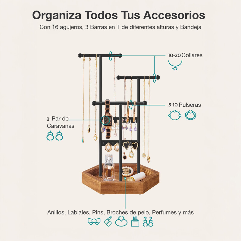 SONGMICS Organizadora de Joyas de Metal de 3 Niveles con Base de Madera – Soporte para Pulseras, Relojes y Pendientes Negro