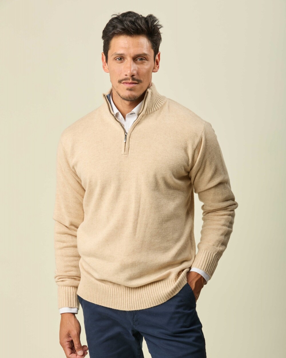 Buzo Lambswool Medio Cierre Beige