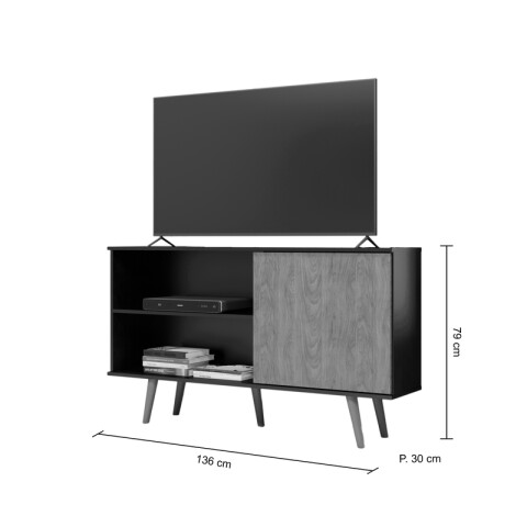 Mueble Rack de Tv de Piso con Puerta y Estantes 136 cm de Ancho - Negro / Freijo Mueble Rack de Tv de Piso con Puerta y Estantes 136 cm de Ancho - Negro / Freijo