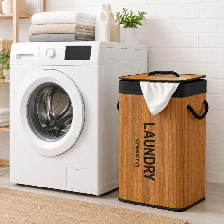 Canasto Cesto Ropa Bambú Plegable Con Tapa Negro