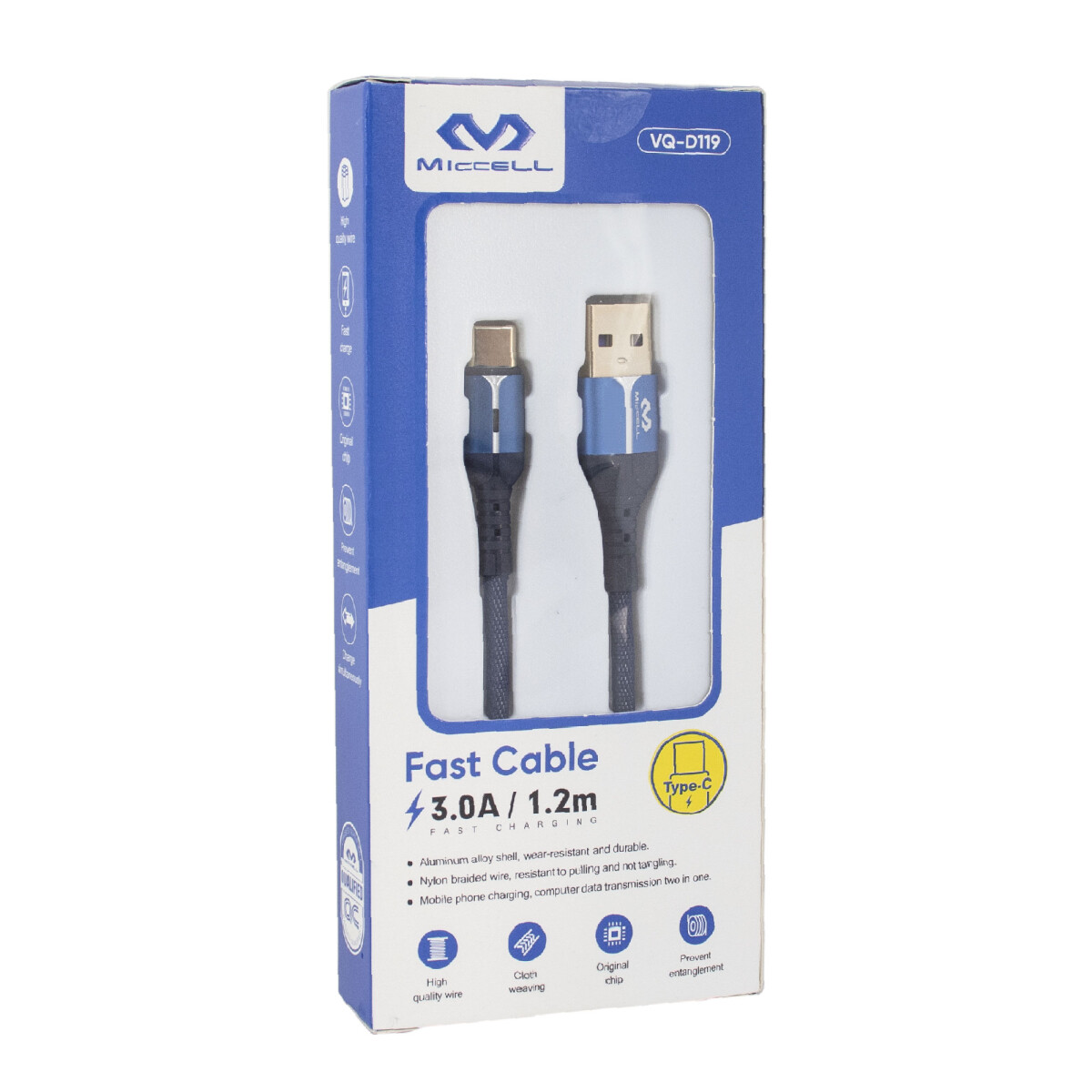 Cable Tipo C Miccell 3a 1.2m Punta Flexible Azul 